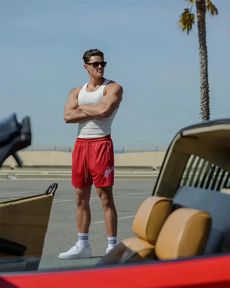 Trend men's red quick-dry mesh beach shorts; loose-fit jogger style by Simples Market