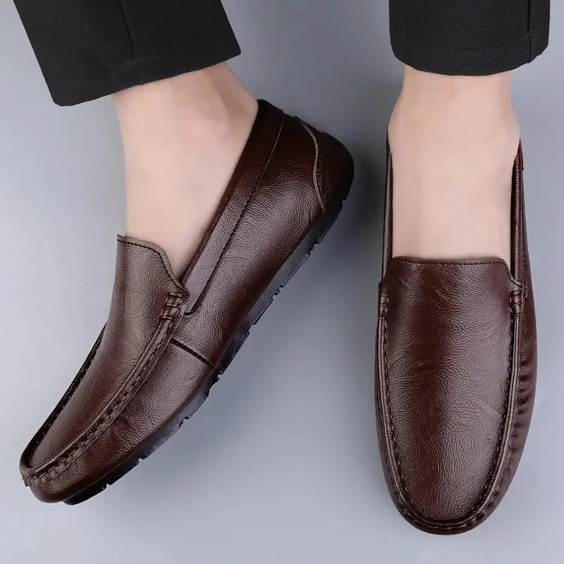 Brown genuine leather men's loafers slip-on moccasins with rubber sole