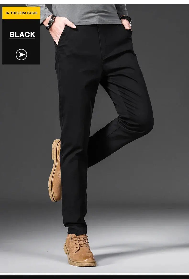 Men's casual pants, black slim-straight trousers, 97% cotton.