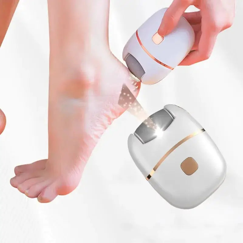 Rechargeable electric foot grinder with 2 thickness grinding heads, white with gold trim.