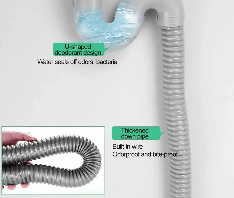 Thickened 304 stainless steel wall-hung sink drain hose with bracket; odor-proof, flexible corrugated tube