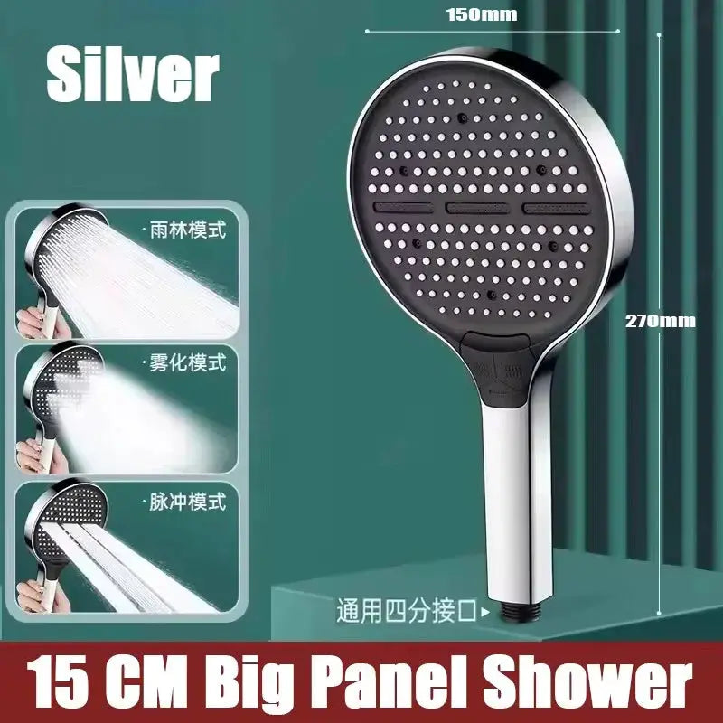 15 cm Big Panel shower head in black with four spray modes and chrome handle