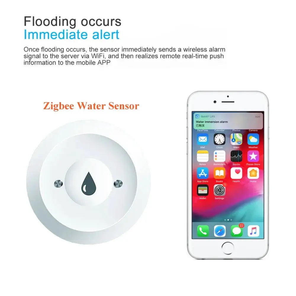 Zigbee water immersion sensor with mobile app alert; white round device and smartphone