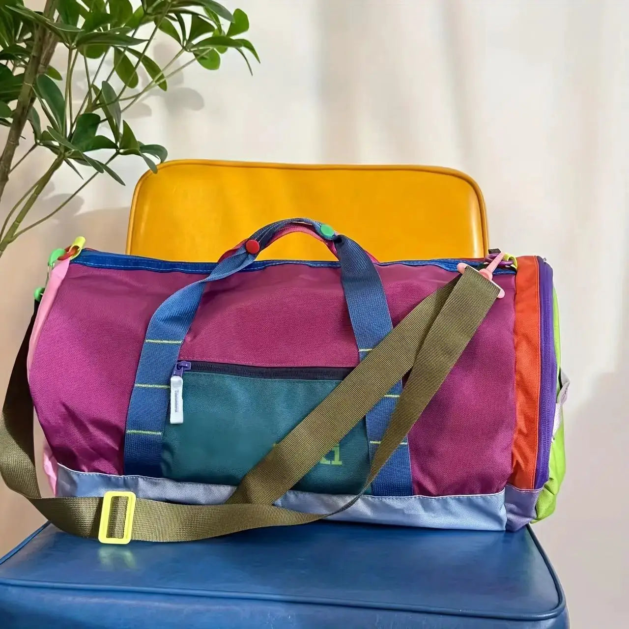 Alpaca Pattern Nylon Tote Bag for travel; multicolor with purple body, blue handles, teal front pocket, beige crossbody strap