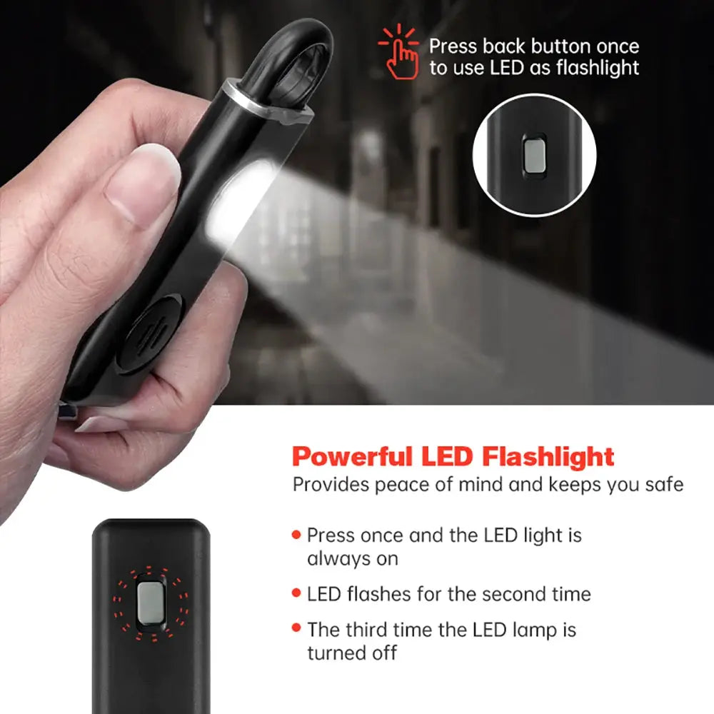 Simples Market 130dB rechargeable personal alarm keychain with LED flashlight, black handheld self-defense device