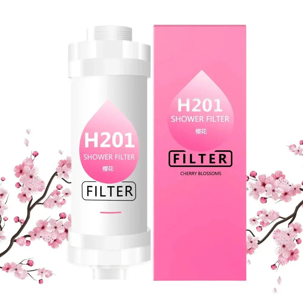 Shower filter H201 cartridge beside pink box with cherry blossom design