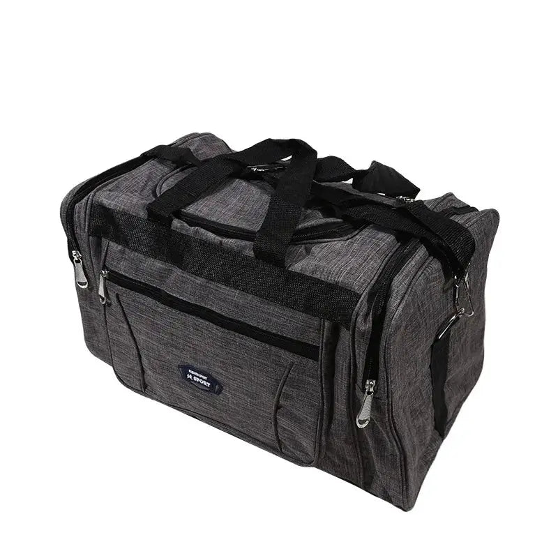 Simples Market Oxford waterproof duffel bag in charcoal gray with multiple zip pockets and top handles