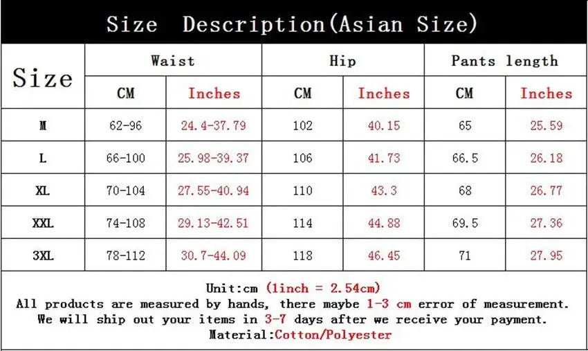 Simples Market men's sports pants size chart with waist, hip, and length for M–3XL; Cotton/Polyester