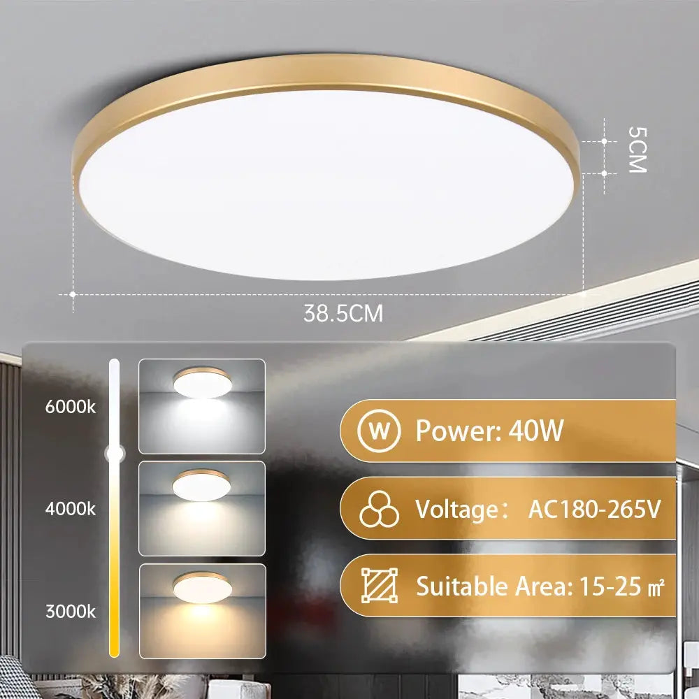 Led ceiling lamp by Simples Market; round white panel with gold rim, 40W, AC180–265V