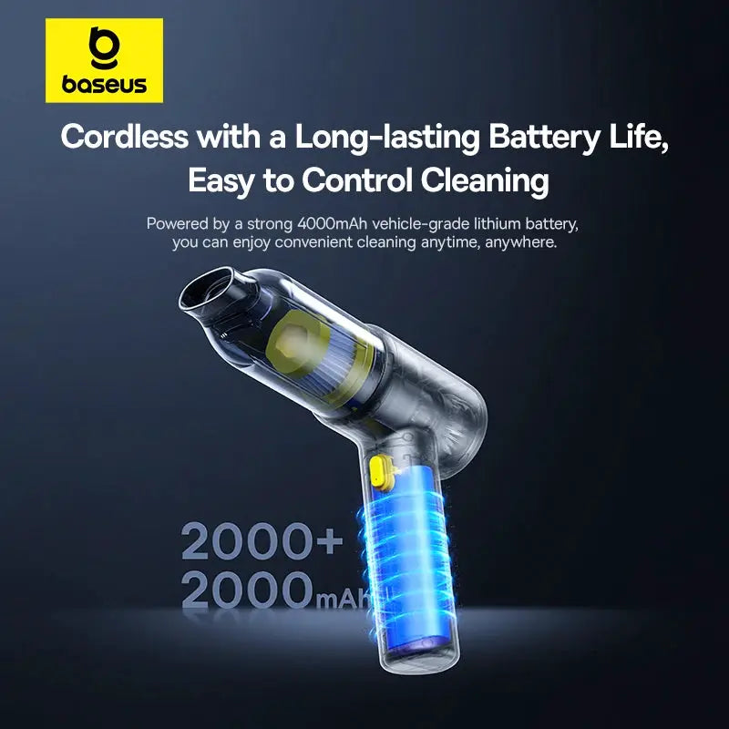 Baseus cordless car vacuum cleaner; wireless portable car cleaning gun with blue-lit battery