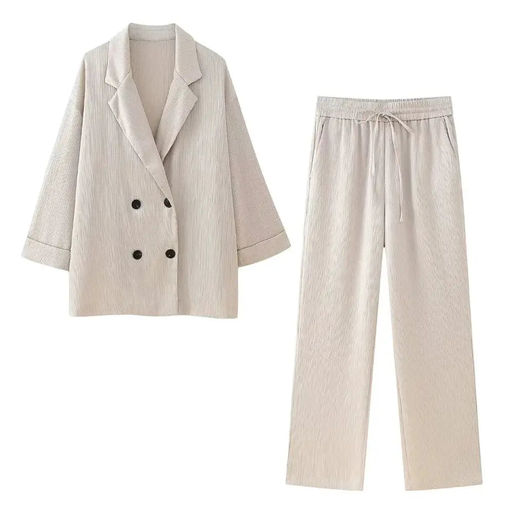 European American Double Breasted Jacket Pants Set Wrinkle 2024 Spring