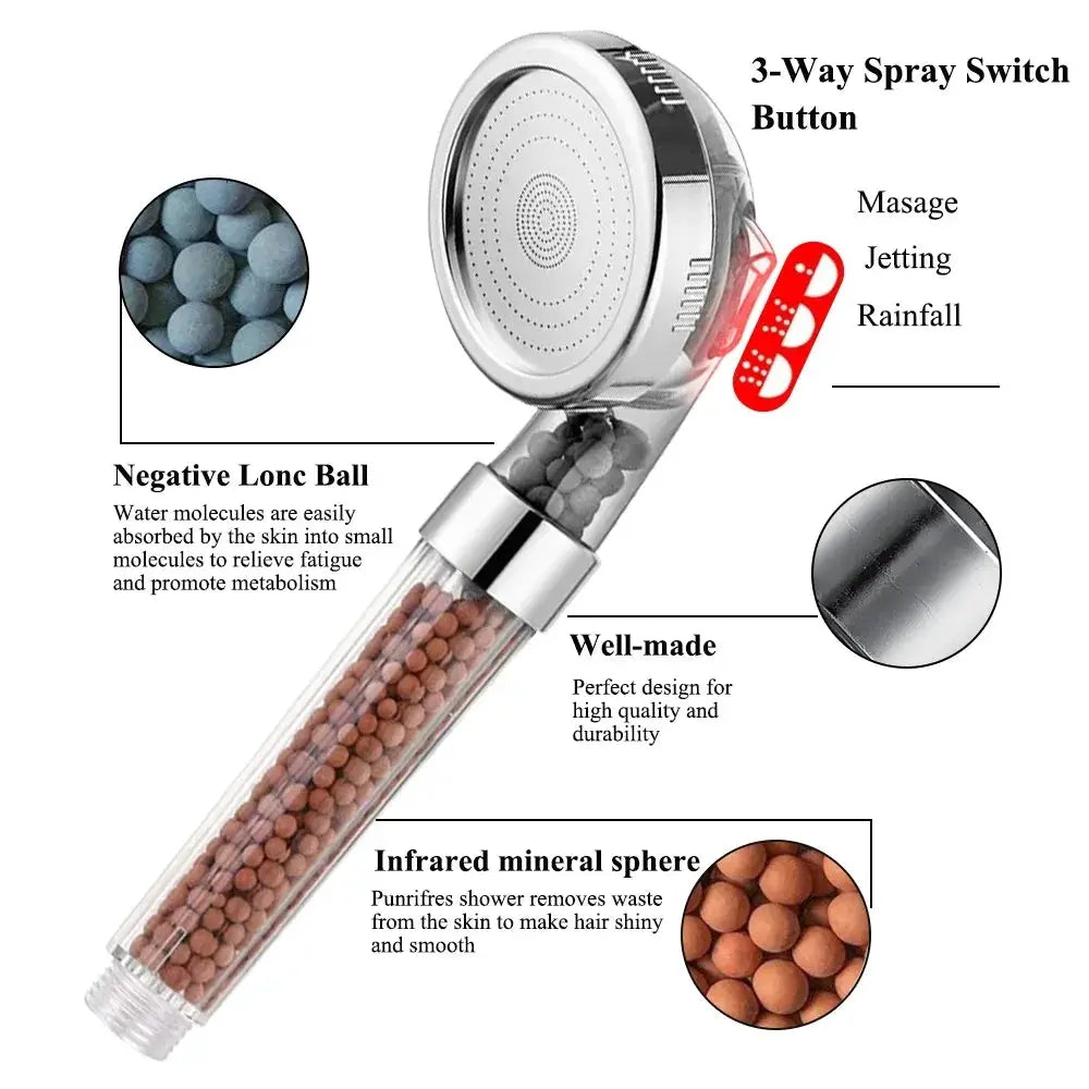 3-Function High-Pressure SPA Shower Head by Simples Market, handheld rainfall mode with mineral bead filter cartridge