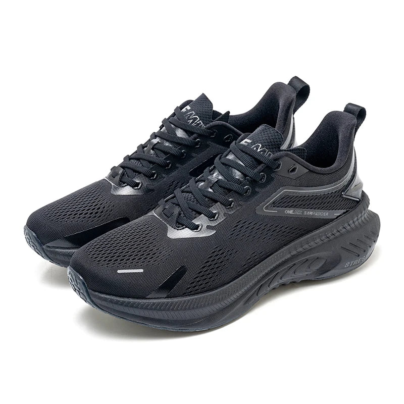 ONEMIX black breathable mesh running shoes, lightweight athletic sneakers with cushioned soles, pair