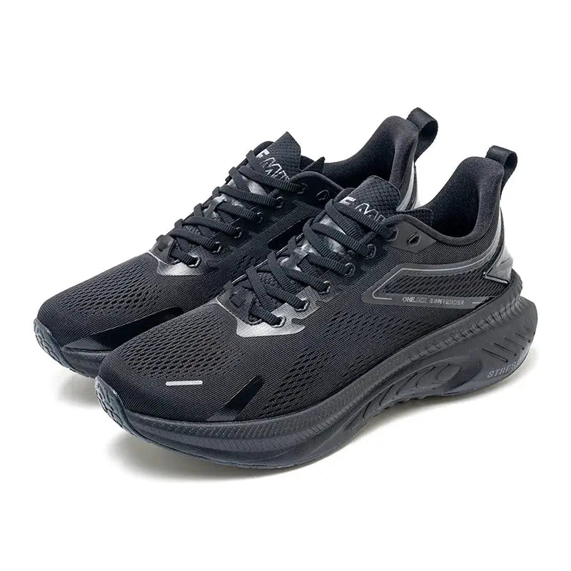 ONEMIX men's breathable running shoes pair in black with cushioned sole and mesh upper.
