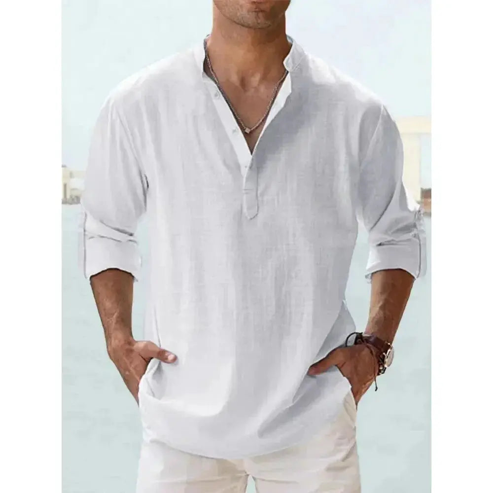 Men's Cotton Linen Blend Short Sleeve Henley Shirt For Summer Casual Beach Vacation