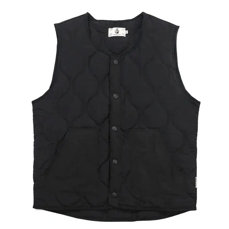 Vintage cotton padded vest, black sleeveless quilted jacket with snap-button front pockets by Simples Market