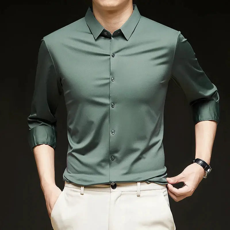 Simples Market premium men's ultra-stretch long-sleeve shirt in sage green, silky finish