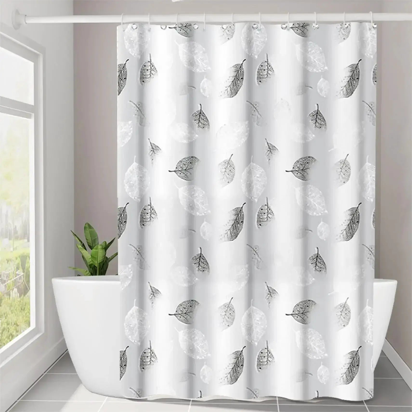 Leaf-pattern plastic shower curtain, transparent with gray leaf prints; 1pc with plastic hooks