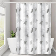 Leaf-pattern plastic shower curtain, transparent with gray leaf prints; 1pc with plastic hooks