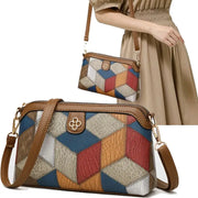 Patchwork crossbody bag by Simples Market with brown trim; geometric color blocks, two bags shown.