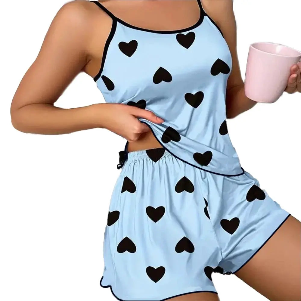 DreamWeave Ice Silk T Shirt And Shorts Pajama Set For Women Pink Heart Print Cozy Summer Comfort