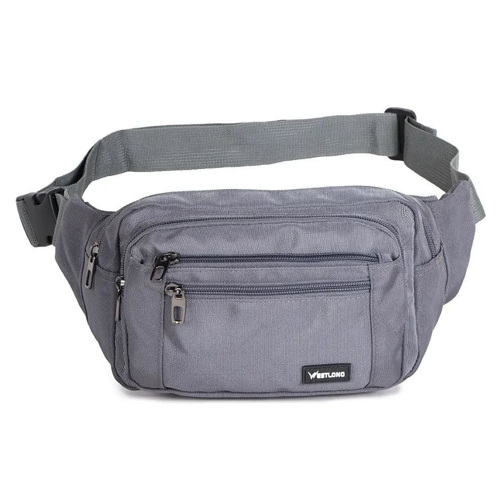 Vestlono gray nylon waist pack with multiple zip pockets and adjustable strap