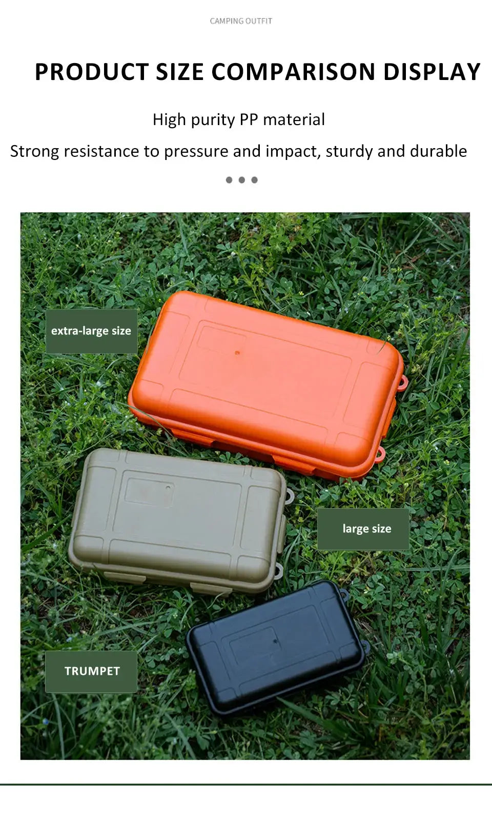 Simples Market outdoor plastic waterproof sealed survival boxes set of four in orange, khaki, and black in S/L/XL sizes on grass