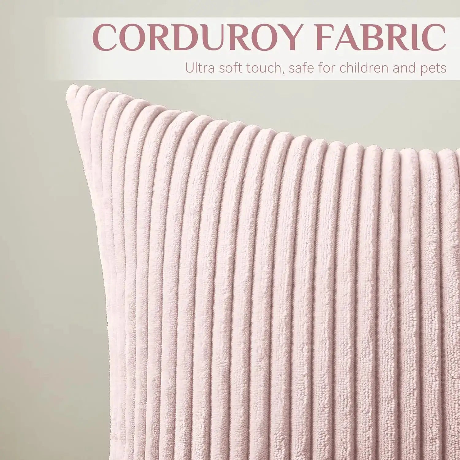 Lilac pink corduroy pillow cover with vertical ridges; soft cushion for couch or bed.