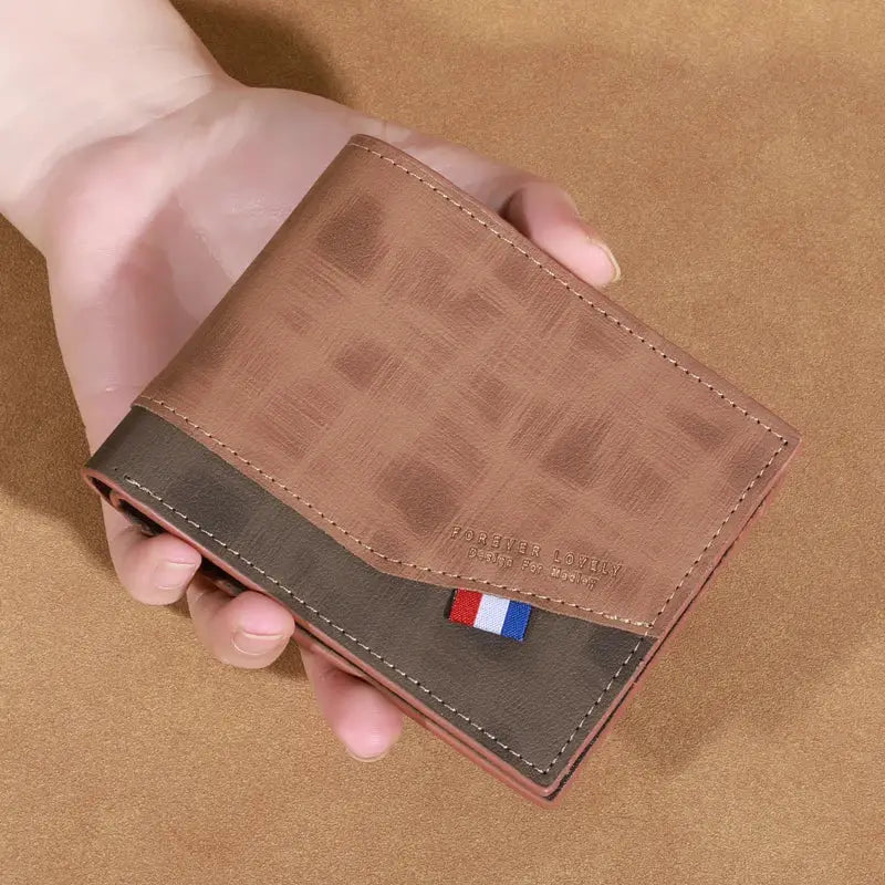 Men's high-capacity leather wallet, two-tone brown with dark brown band and coin and photo slots, Simples Market