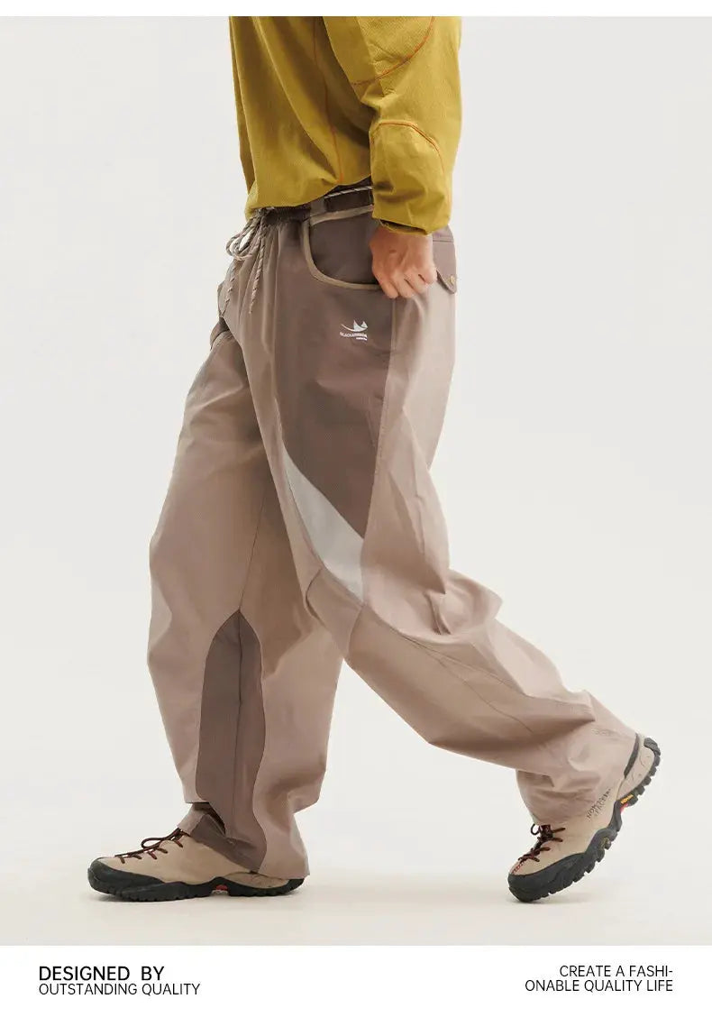 Simples Market cargo track pants; outdoor, wide-leg, color-block beige/taupe, quick-dry fabric