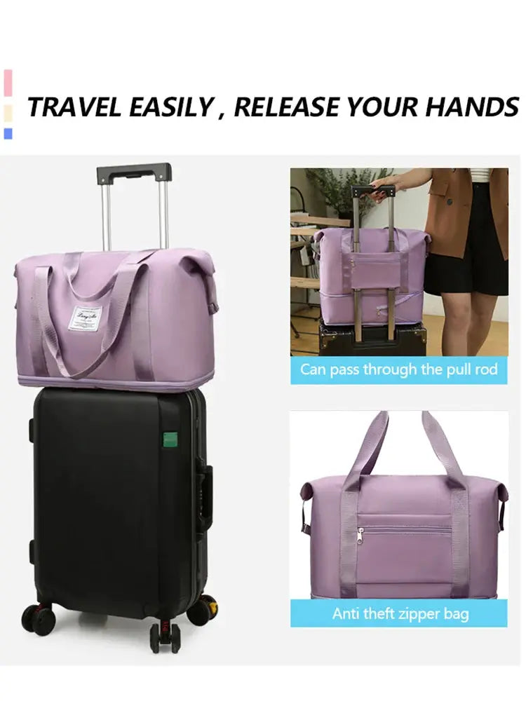 UNIXINU lavender nylon carry-on duffle bag by Simples Market with trolley sleeve and anti-theft zipper pocket