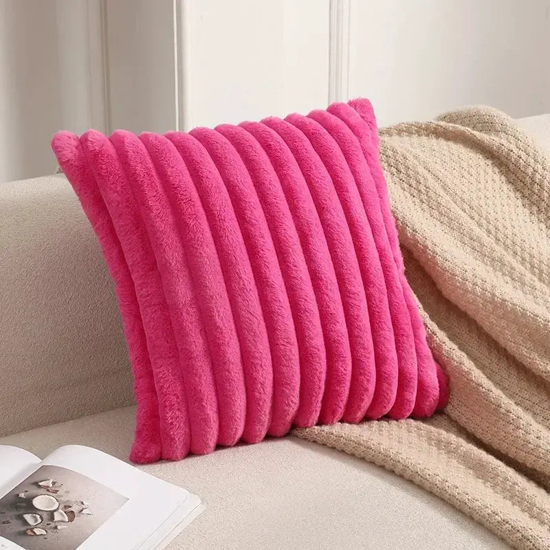 Pink faux rabbit fur cushion cover with striped ribbed plush texture for sofa decor