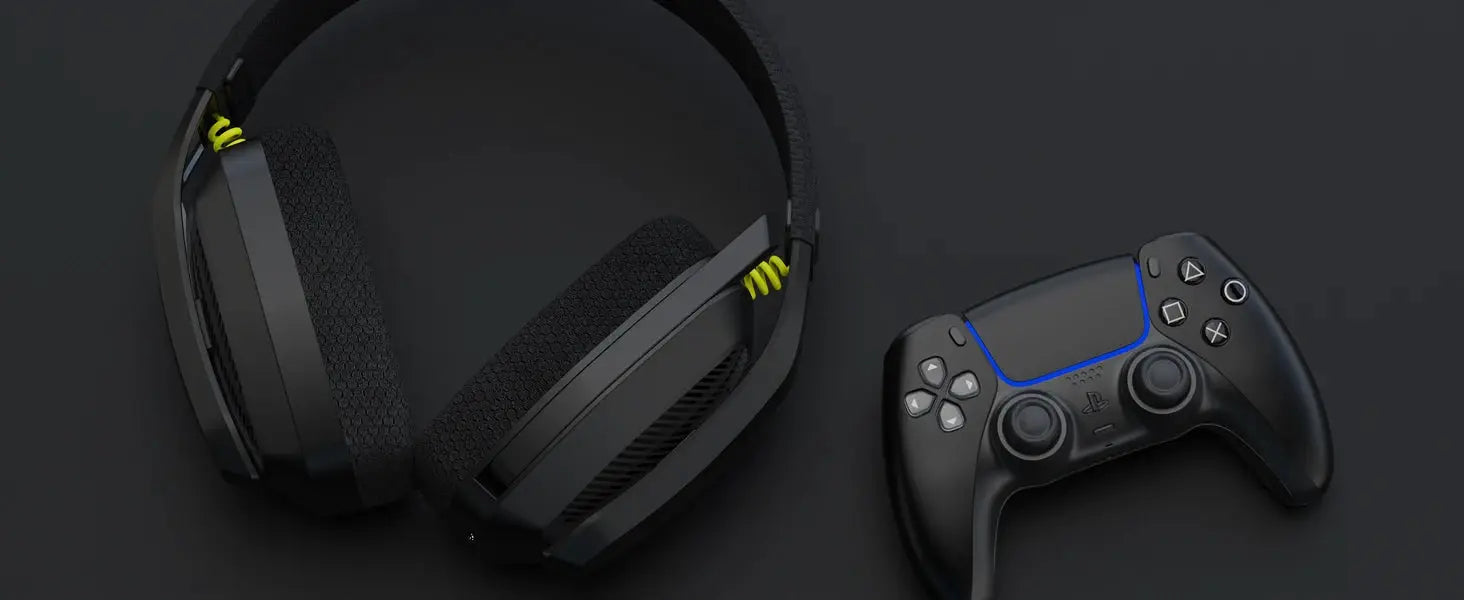 BINNUNE BW06 wireless gaming headset with mic, black with neon yellow accents, beside a PlayStation-style controller