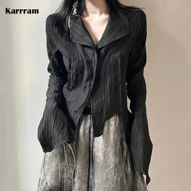 Karrram Gothic black shirt with crinkled texture and Yamamoto-inspired oversized silhouette