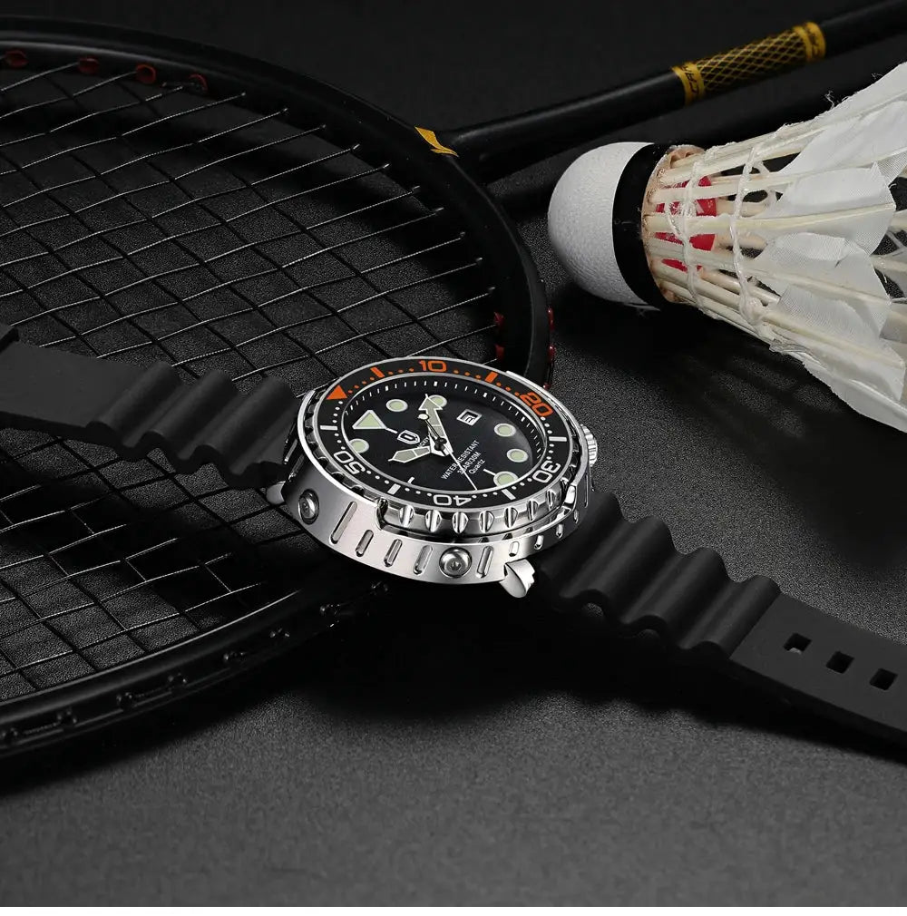 QINGXIYA sports men's quartz watch with black silicone strap, stainless steel case, orange bezel, and luminous dial