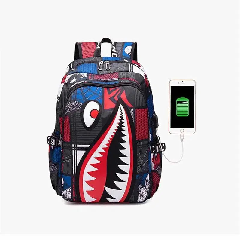 Backpack Elementary Shark Print Bookbag by Simples Market, colorful red, blue and black with USB port