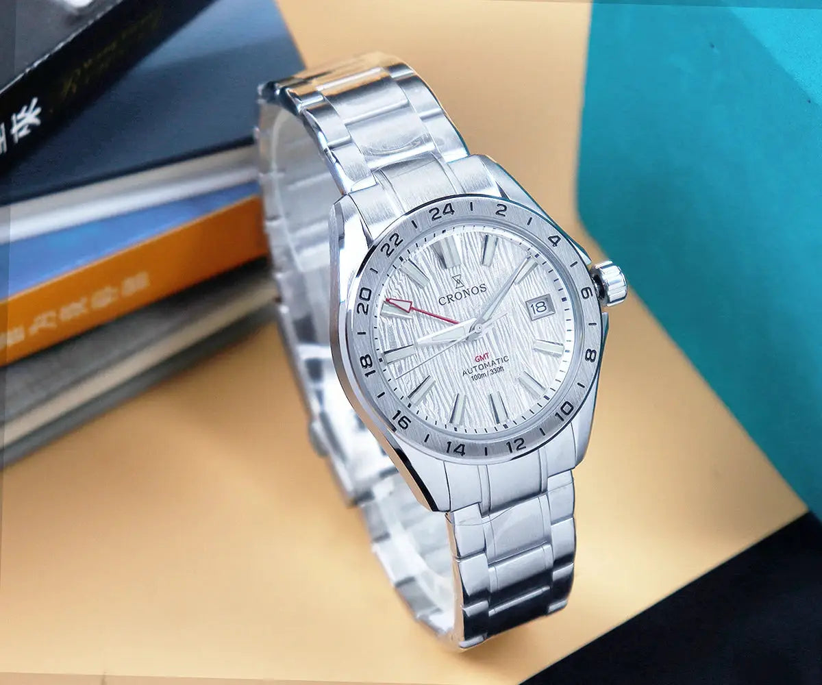 Cronos GS mechanical men's watch, 39mm stainless steel with birch-pattern dial, GMT automatic, brushed bracelet