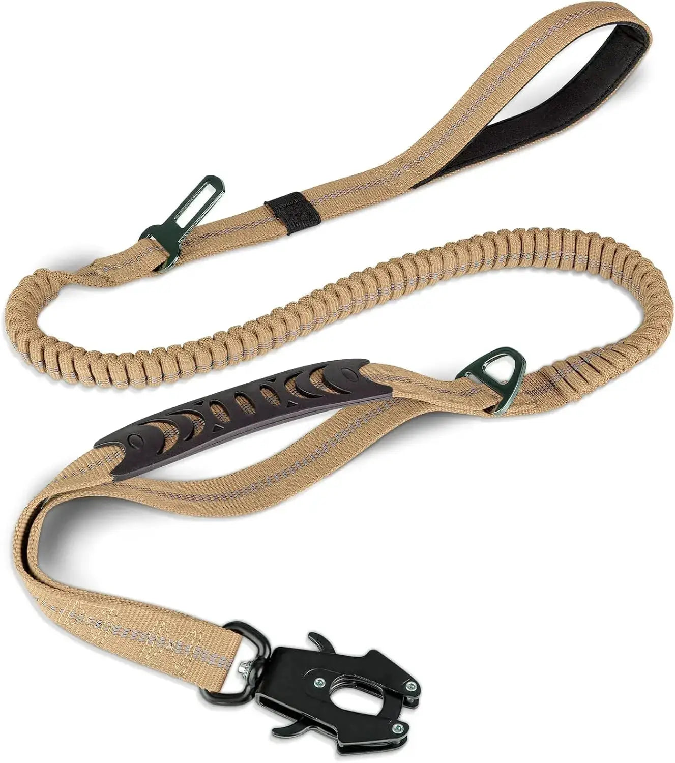 Simples Market reflective shock-absorbing dog leash, tan nylon bungee with car-seatbelt clip for large dogs