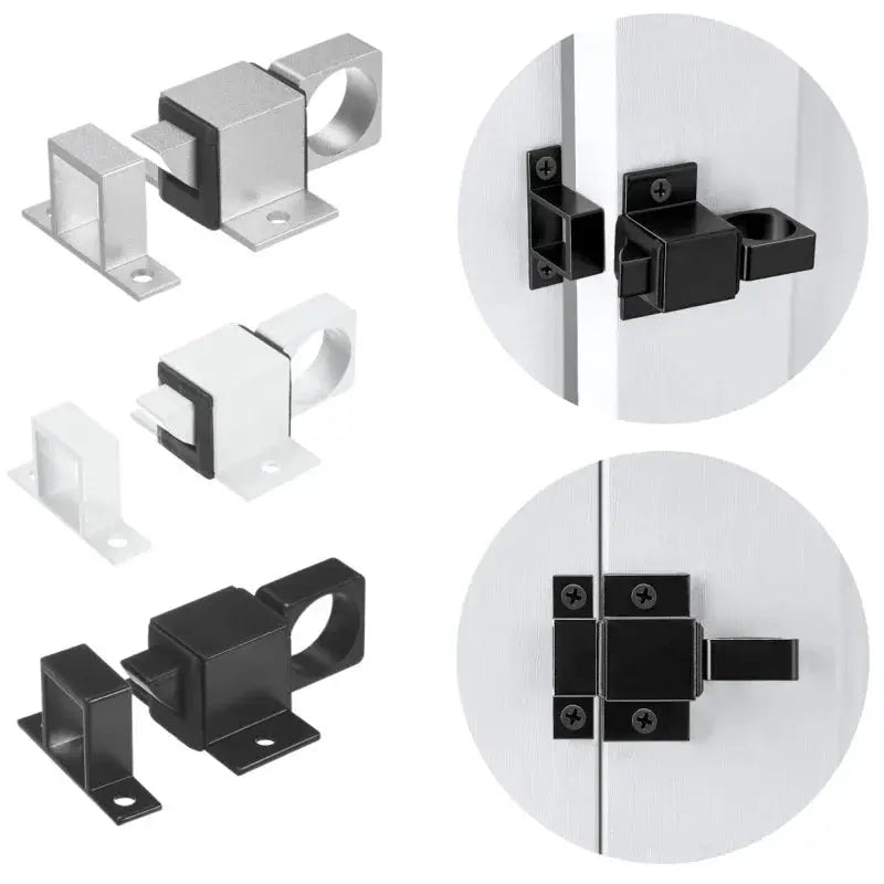 Automatic aluminum alloy spring latch set for doors and windows; self-closing barrel bolt, black and silver finishes by Simples Market