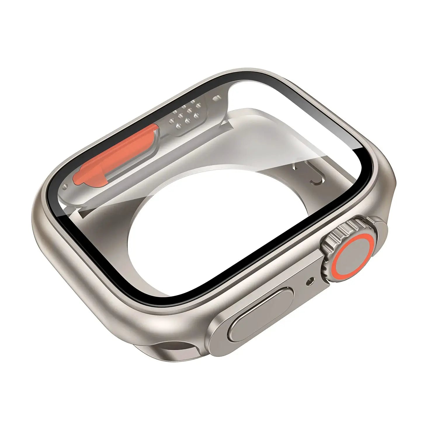 Simples Market Apple Watch bumper case with clear front screen protector, gold-tone aluminum shell.