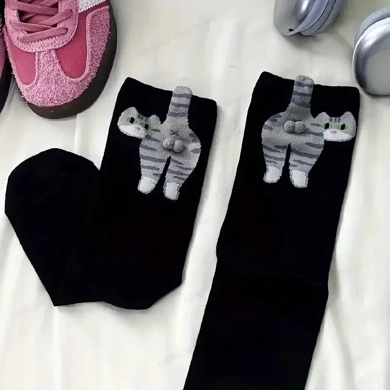 3D Cute Cat Socks Black And White Cotton Socks For Women And Girls Breathable Soft Kawaii Gift Sock Set