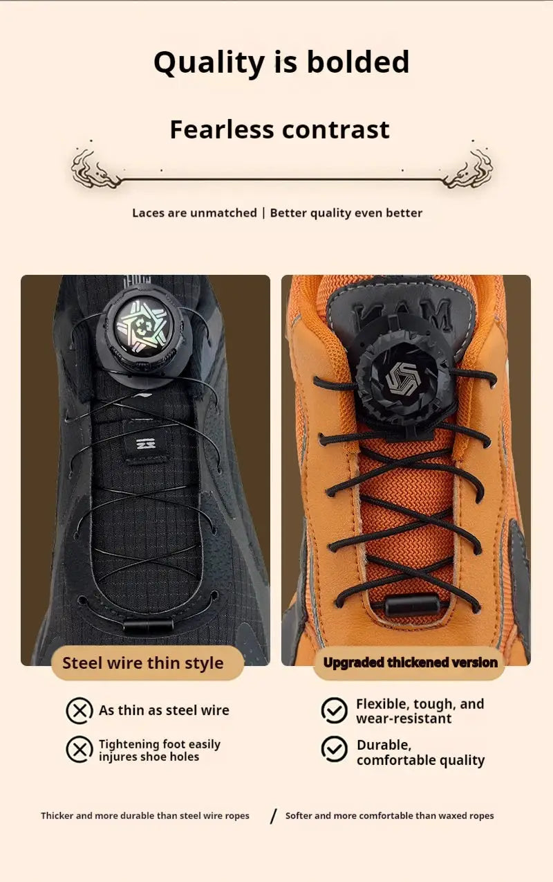 Simples Market automatic no-tie shoelaces with swivel buckle for sneakers; black and orange colorways shown.