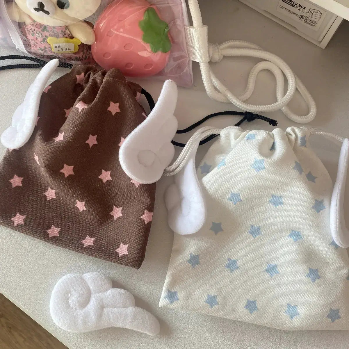 Star Pattern Drawstring Canvas Bag With Rope Closure Portable Dustproof Storage For Cosmetics And Stationery