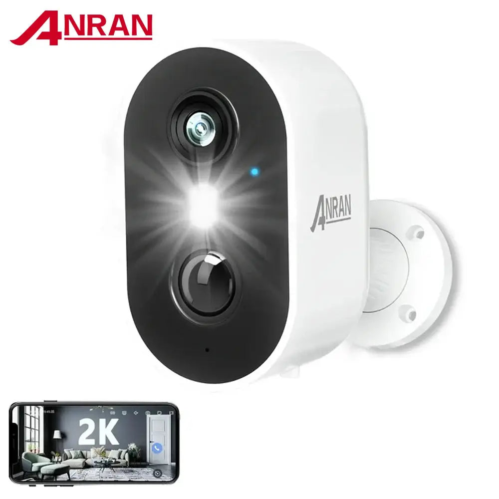 ANRAN 2K rechargeable battery camera, white body with black front, wall-mount, 2.4G WiFi, IP65, PIR, app compatible