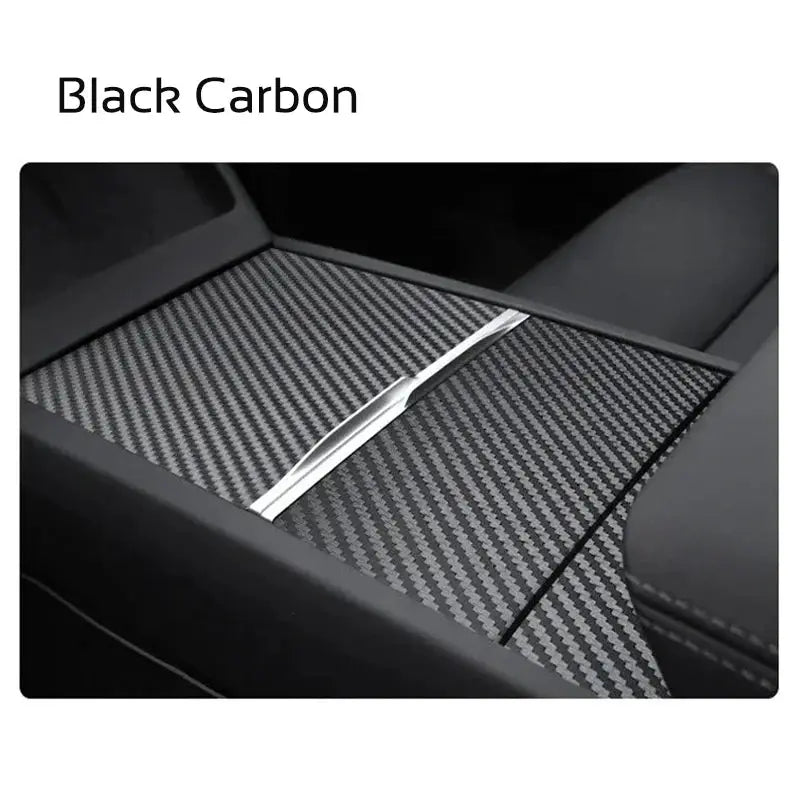 Center console protector sticker for Tesla Model 3 with black carbon fiber finish