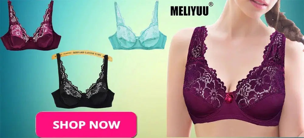 Plus size lace underwire bras in purple, turquoise, and black; 4-piece MELIYU lingerie set