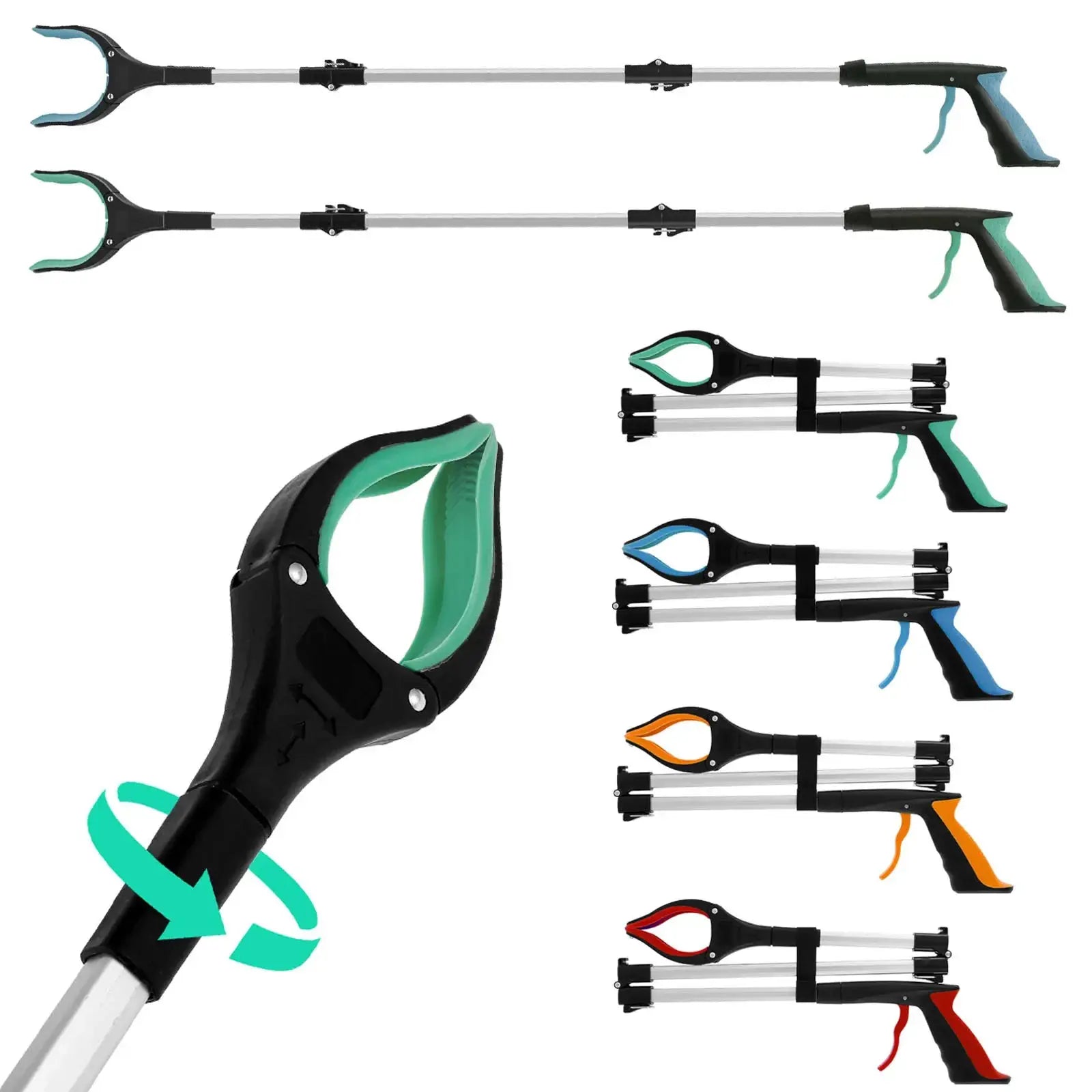 Foldable gripper extender litter picker with non-slip jaws from Simples Market; multi-color handle variants