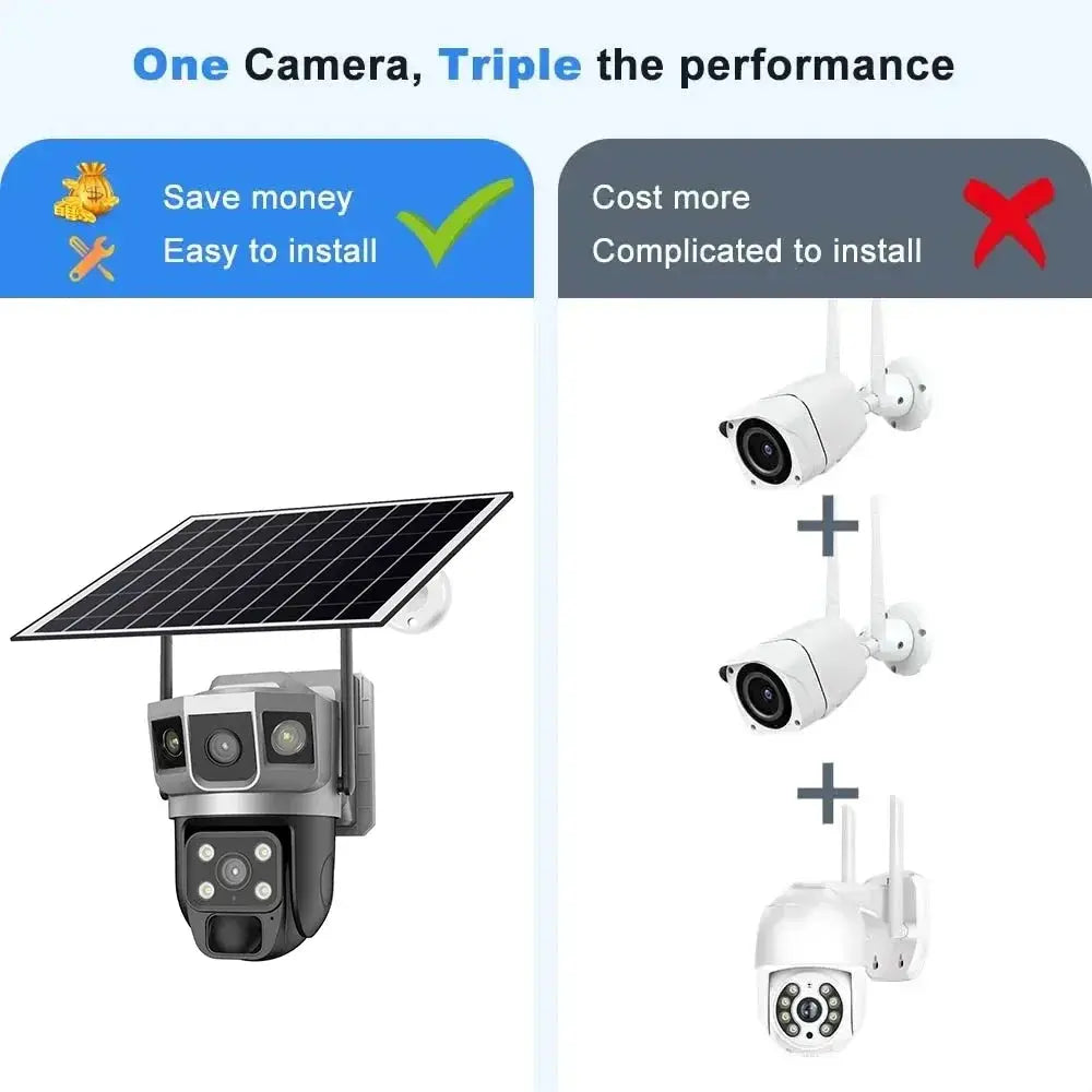 V380 Pro solar WiFi CCTV camera system with solar panel and three outdoor cameras by Simples Market