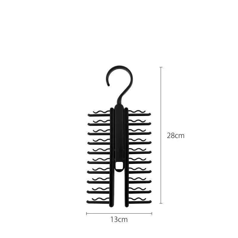 Simples Market adjustable rotating tie and belt organizer rack, black plastic with 28 cm height and 13 cm width