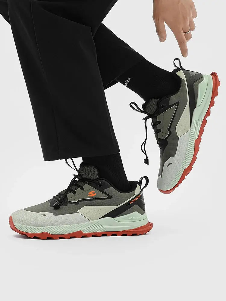 HOBIBEAR hiking shoes pair, olive gray with orange logo and red outsole